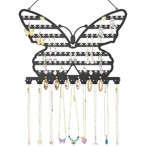 NiHome Butterfly Wall Mounted Jewelry Organizer, Decorative Metal Earring and Necklace Holder for Bedroom, Vanity, or Closet, Stylish Organizer with Easy Hanging for Fashion Lovers (Black)