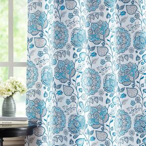 FMFUNCTEX 100% Blackout Curtains for Bedroom, Blue Scroll Floral Patterned Curtains 96 Inches Long for Living Room, Jacobean Thermal Insulated Farmhouse Drapes Grommet Top 2 Panels