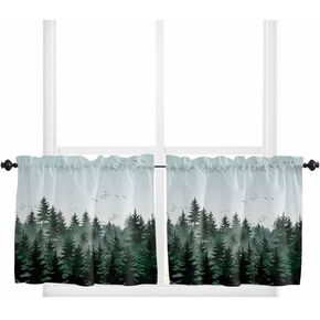 Pine Tree Forest Kitchen Curtain 36 Inch Length Small Short Cafe Tiers Curtains Drape, 2 Panel Window Treatment Rod Pocket Drapery Panels Curtains, Green Landscape Nature Decor 55x36