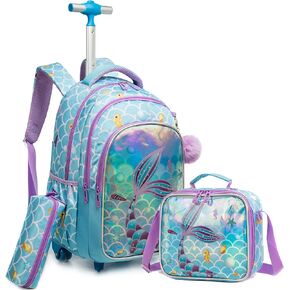 Mermaid Rolling Backpack for Gilrs School Backpack with Wheels Roller Wheels Bookbag Trolly Luggage for Elementary