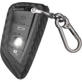 QBUC for BMW X2 X3 X5 Key Fob Cover, Silicone Key Case for BMW 1 2 3 4 5 6 7 8 Series X1 X4 X6 X7 Series M M8 M7 M6 M5 M4 M3 M2 M1 430i 340i 330i 840i Key Protector with Keychain Carbon Fiber Black