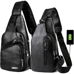 Peicees Pack of 2 Large&Medium Leather Sling Bag Mens Crossbody Bag Chest Bag Sling Backpack for Men with USB Charge Port, Classic Black Large & Vertical Zipper Black Medium