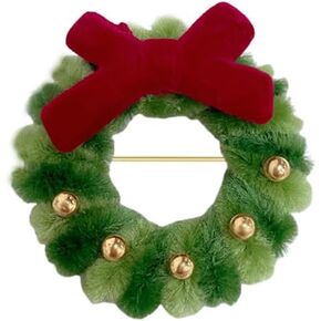 Cute Bow Christmas Wreath Green Red Velvet Ribbon Ornament Brooch Lapel Pins for Women Girls Cute Handmade Gold Plated Beaded Decoration Brooches Pin Xmas Holiday Party Gifts for Her Daughter Bff