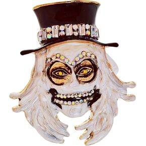 Gothic White Enamel Grim Grinning Ghost Brooch with Hat – Scary Jewelry with AB Crystals – Day of the Dead Halloween Accessory