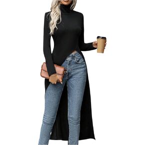 WDIRARA Women's Front Split Long Sleeve Shirt Dress High Neck Long Asymmetrical Hem Slim Fit Blouse Top
