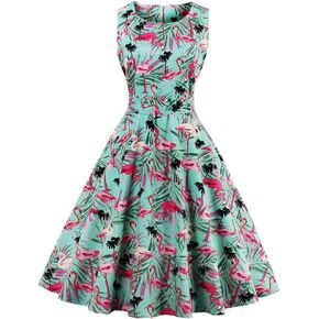 Wellwits Women's Tropical Leaf Flamingo Hepburn 1950s Vintage Swing Dress
