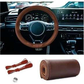 Leather Steering Wheel Cover, Stitch on Wrap, Breathable Anti-Slip Car Steering Wheel Protector, DIY Sewing with Needle Thread,15 Inch (Coffee, Glossy)