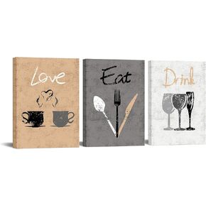 RyounoArt 3 Piece Eat Drink Love Canvas Wall Art Vintage Kitchen Painting Pictures Inspirational Artwork Prints for Modern Home Dining Room Restaurant Cafe Bar Wall Decor Framed Ready to Hang