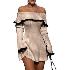 chouyatou Women's Off The Shoulder Bell Long Sleeve Sweater Mini Dress Lace Trim Bodycon Ribbed Knit Sweater Dress