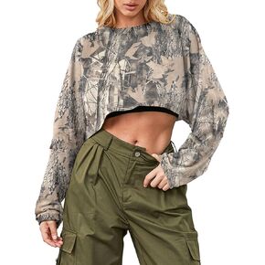 المرأة كامو كم طويل Crewneck المحاصيل تي شيرت البلوز عادية مابل ليف طباعة فضفاضة اقتصاص البلوز التي شيرت
