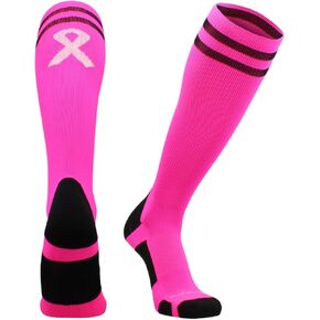 MadSportsStuff Pink Ribbon Breast Cancer Awareness Socks with Stripes for Baseball Softball Football Boys Girls Youth Adult