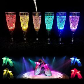 5 Pairs LED Light Up Shoelaces, LED Light Up Cups Wine Champagne Flutes Set of 6 Party Favors Adults, Colored Plastic Champagne Flutes Drinking Glasses Glow in the Dark Colorful Glowing Cups
