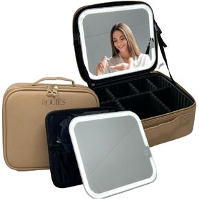 Travel Makeup bag with removable lighted mirror, Professional vanity light up station, Portable cosmetic case with adjustable compartments organizer, waterproof traveling accessories, Tan train case