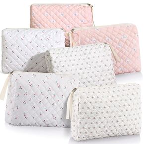 Sweetude 6 Pieces Quilted Makeup Bag Cotton Cosmetic Bag Cute Flower Makeup Bag Aesthetic Large Floral Makeup Pouch Coquette Travel Toiletry Bag Kawaii Stuff for Women Girls