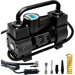 Tire Inflator Portable Air Compressor Tire Pump for Car Tires Bimetallic Motor 12V DC Automatic Pump with Digital Pressure Gauge, LED Light, Inflatable Bicycle Balloon, Black Car Accessories