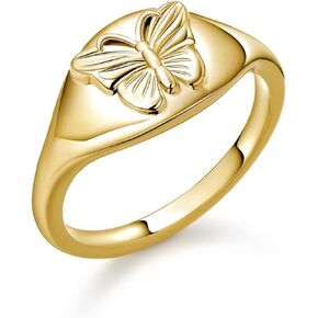Drawelry Bee Butterfly Signet Ring: Dainty Unique Trendy Birthday Halloween Simple Minimalistic Statement Honeybee Finger Rings Wedding Promise Jewelry Gift for Women Men (Yellow gold 1, 8)