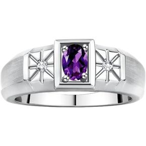 Rylos Men's Sterling Silver Classic Ring: 6X4MM Oval Gemstone & Sparkling Diamond Accent - Birthstone Rings for Men - Available in Sizes 8-13.