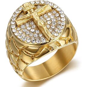 JWM Stainless Steel Jesus Cross Rings Golden Large Rings for Men Women Adults, Cocktail Party Rings, Delicate Packaging