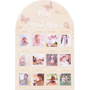 YOUAME My First Year Birthday Wooden Photo Board - Butterfly Themed First Year Milestone Photo Board, 12 Months Baby Girl Birthday Picture Wood Frame, Girls Pink Birthday Party Decorations