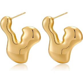 WOWORAMA Irregular Chunky Hoop Earrings for Women Trendy Gold Puffy Heart Earrings Chunky Heart Hoop Earrings Large Statement Hoop Earrings Jewelry