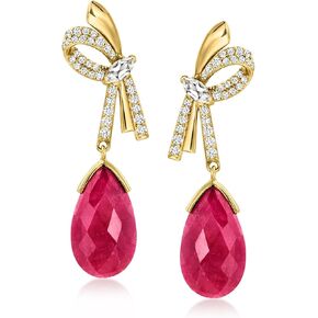 Ross-Simons 25.00 ct. t.w. Ruby Bow Drop Earrings With 1.60 ct. t.w. White Topaz in 18kt Gold Over Sterling