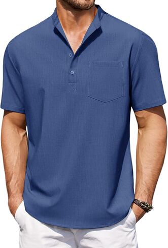 COOFANDY Mens Casual Henley Shirts Band Collar Short Sleeve T-Shirts Summer Stylish Beach Hippie Shirt in Kuwait