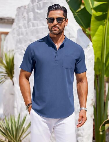 COOFANDY Mens Casual Henley Shirts Band Collar Short Sleeve T-Shirts Summer Stylish Beach Hippie Shirt in Kuwait