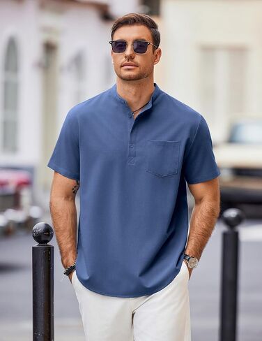 COOFANDY Mens Casual Henley Shirts Band Collar Short Sleeve T-Shirts Summer Stylish Beach Hippie Shirt in Kuwait