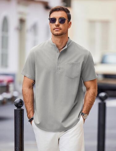 COOFANDY Mens Casual Henley Shirts Band Collar Short Sleeve T-Shirts Summer Stylish Beach Hippie Shirt in Kuwait