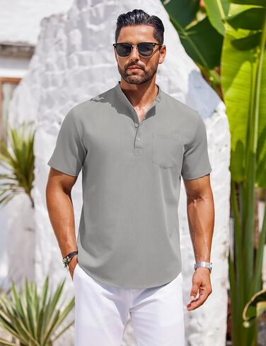 COOFANDY Mens Casual Henley Shirts Band Collar Short Sleeve T-Shirts Summer Stylish Beach Hippie Shirt in Kuwait