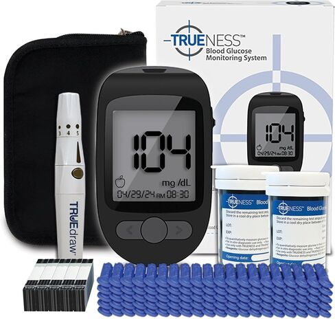 TRUENESS Blood Glucose Meter Bundle - Includes Meter, Meter Case, 100 Test Strips, 100 Lancets, Lancing Device and Control Solution - Ideal for Testing Blood Sugar Levels & Diabetes Management in Saudi Arabia