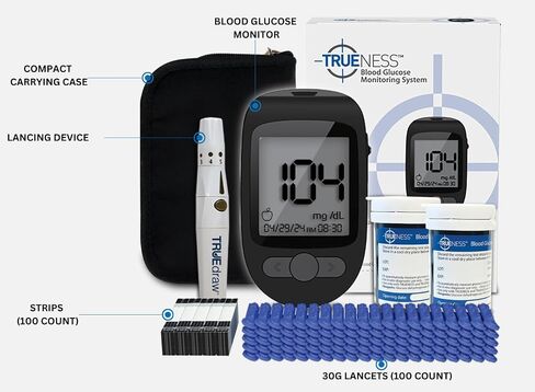 TRUENESS Blood Glucose Meter Bundle - Includes Meter, Meter Case, 100 Test Strips, 100 Lancets, Lancing Device and Control Solution - Ideal for Testing Blood Sugar Levels & Diabetes Management in Saudi Arabia