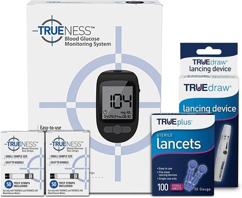 TRUENESS Blood Glucose Meter Bundle - Includes Meter, Meter Case, 100 Test Strips, 100 Lancets, Lancing Device and Control Solution - Ideal for Testing Blood Sugar Levels & Diabetes Management in Saudi Arabia