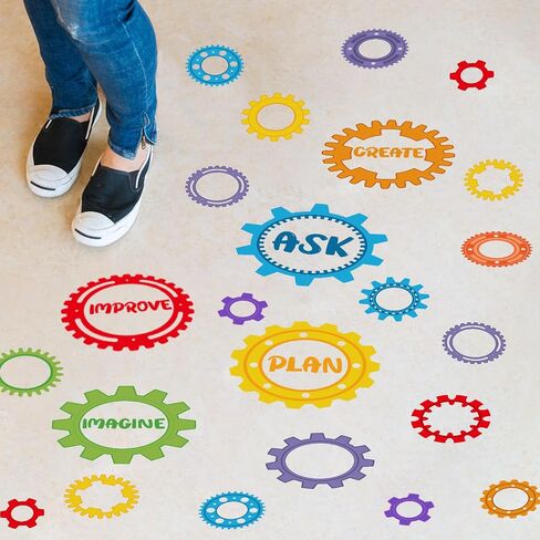 ReliThick 30 Pcs Gear Shaped Stem Floor Decal 4 1/4" - 8" Engineering Design Process Learning Activities Gear Floor Clings Ask Imagine Plan Create Improve Self Adhesive Window Sticker for Classroom in Kuwait