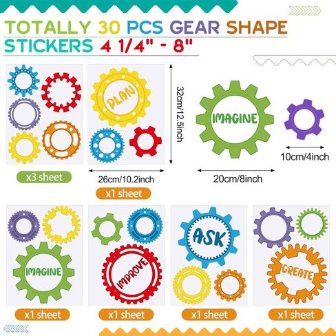 ReliThick 30 Pcs Gear Shaped Stem Floor Decal 4 1/4" - 8" Engineering Design Process Learning Activities Gear Floor Clings Ask Imagine Plan Create Improve Self Adhesive Window Sticker for Classroom in Kuwait