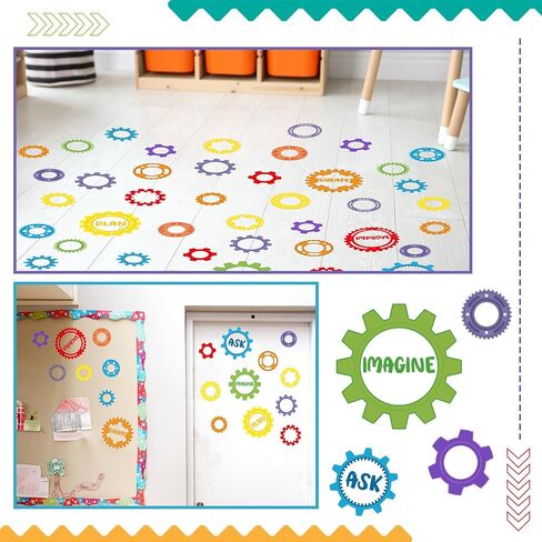 ReliThick 30 Pcs Gear Shaped Stem Floor Decal 4 1/4" - 8" Engineering Design Process Learning Activities Gear Floor Clings Ask Imagine Plan Create Improve Self Adhesive Window Sticker for Classroom in Kuwait
