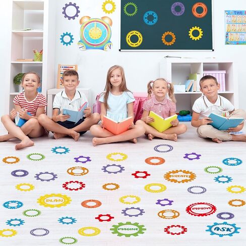 ReliThick 30 Pcs Gear Shaped Stem Floor Decal 4 1/4" - 8" Engineering Design Process Learning Activities Gear Floor Clings Ask Imagine Plan Create Improve Self Adhesive Window Sticker for Classroom in Kuwait