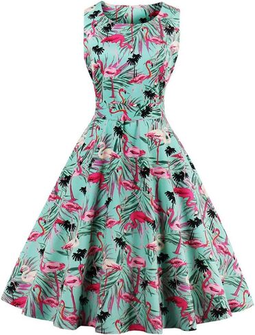 Wellwits Women's Tropical Leaf Flamingo Hepburn 1950s Vintage Swing Dress in Kuwait