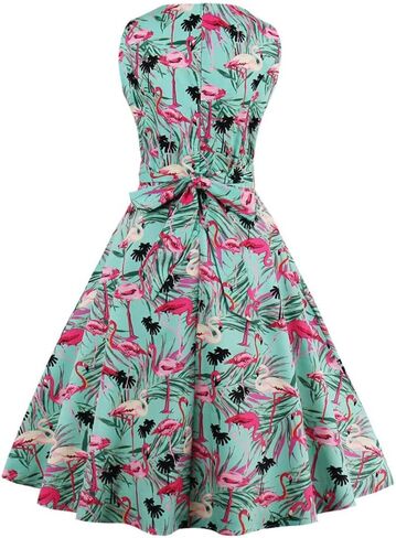 Wellwits Women's Tropical Leaf Flamingo Hepburn 1950s Vintage Swing Dress in Kuwait