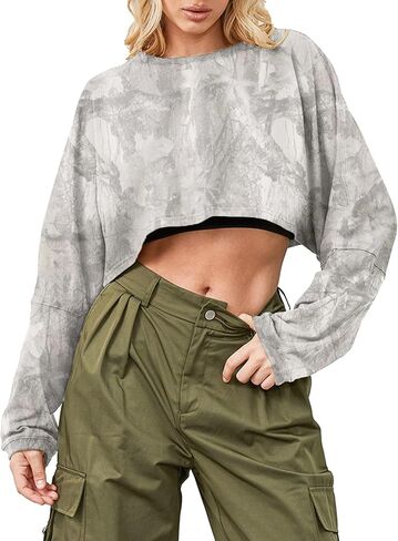 Women Camo Long Sleeve Crewneck Crop Top Tee Shirt Sweatshirt Casual Maple Leaf Print Loose Cropped Pullover Tshirt in Saudi Arabia