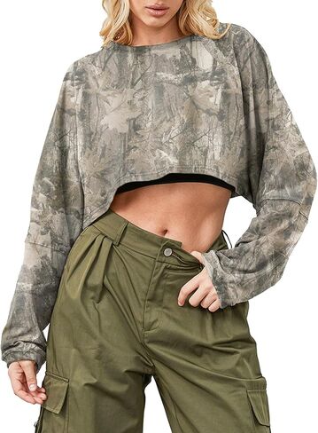 Women Camo Long Sleeve Crewneck Crop Top Tee Shirt Sweatshirt Casual Maple Leaf Print Loose Cropped Pullover Tshirt in Saudi Arabia