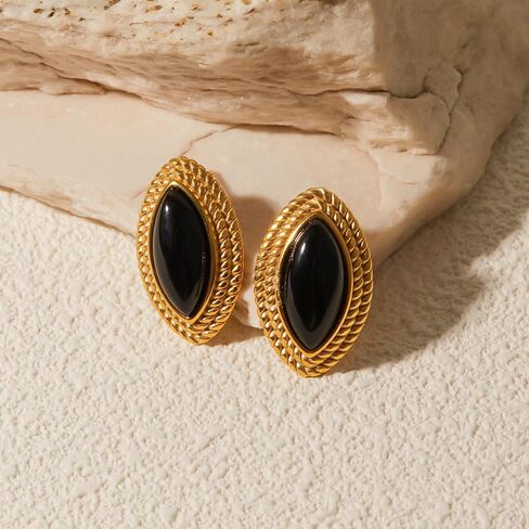 Retro Black Gold Earrings for Women, Trendy Vintage Stud 18K Gold Statement Black Onyx Earring Jewelry in Saudi Arabia