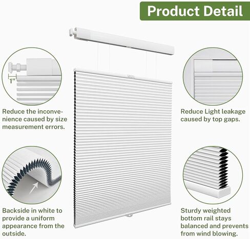 ظلال خلوية لاسلكية من أعلى إلى أسفل من MiLin بدون حفر، ألوان متطابقة بدون أدوات، ستائر خلوية لستائر وظلال بتصميم قرص العسل لنظام Windows (أبيض معتم، 27 بوصة عرض × 64 بوصة ارتفاع) in Kuwait