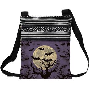 Halloween Night Bat Messenger Bag Small Ethnic Pattern Printed Adjustable Strap Crossbody Zipper Bag Halloween Night Bat Phone Bag Wallet Cute Shoulder Handbag for Women