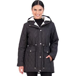 Jones NY Diamond-Quilted Jacket Anorak with Fur Lining - Winter Coats for Women, Black