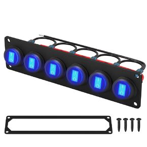 DaierTek 6 Gang Switch Panel 12V 20A Waterproof Round Rocker Switch Panel Blue LED Lighted 12 Volt Marine Toggle Switch Panel for Car Truck Boat