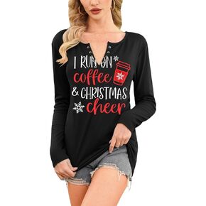For G and PL Women's Christmas V-Neck Long Sleeve Pullovers Letter Print Shirt