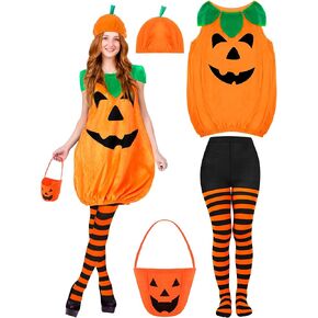 4 Pcs Halloween Adult Pumpkin Costume Set Sleeveless Pumpkin Velvet Costume with Candy Bag Funny Hat Striped Tights for Women Halloween Party Cosplay Clothes Multicolor