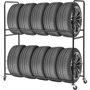 Houseables Tire Rack, Rolling Tire Storage Rack, Fits Up to 10 Tires, Height Adjustable Shelf, Locking Wheels, Tire Rack for Garage, Tire Shelf, Garage Tire Holder, Truck SUV Car Tire & Wheel Rack
