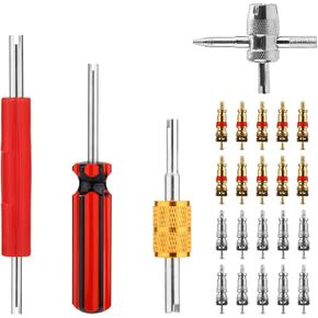 Tire Valve Repair Tool Set, 4pcs Valve Stem Core Wrench Removal Tools & 10pcs Copper Valve Cores & 10pcs Copper Nickel Plated Valve Cores Remover Accessories Kit for All Standard Valves Cars Trucks